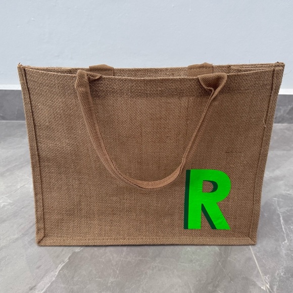Monogrammed “R” Burlap Tote Bag With Handles And Lining - Picture 1 of 15
